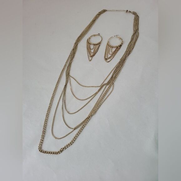 Necklace And Earring Set Gold Chain Dangle Chandelier Glam Elegant Minimalist - Picture 2 of 5